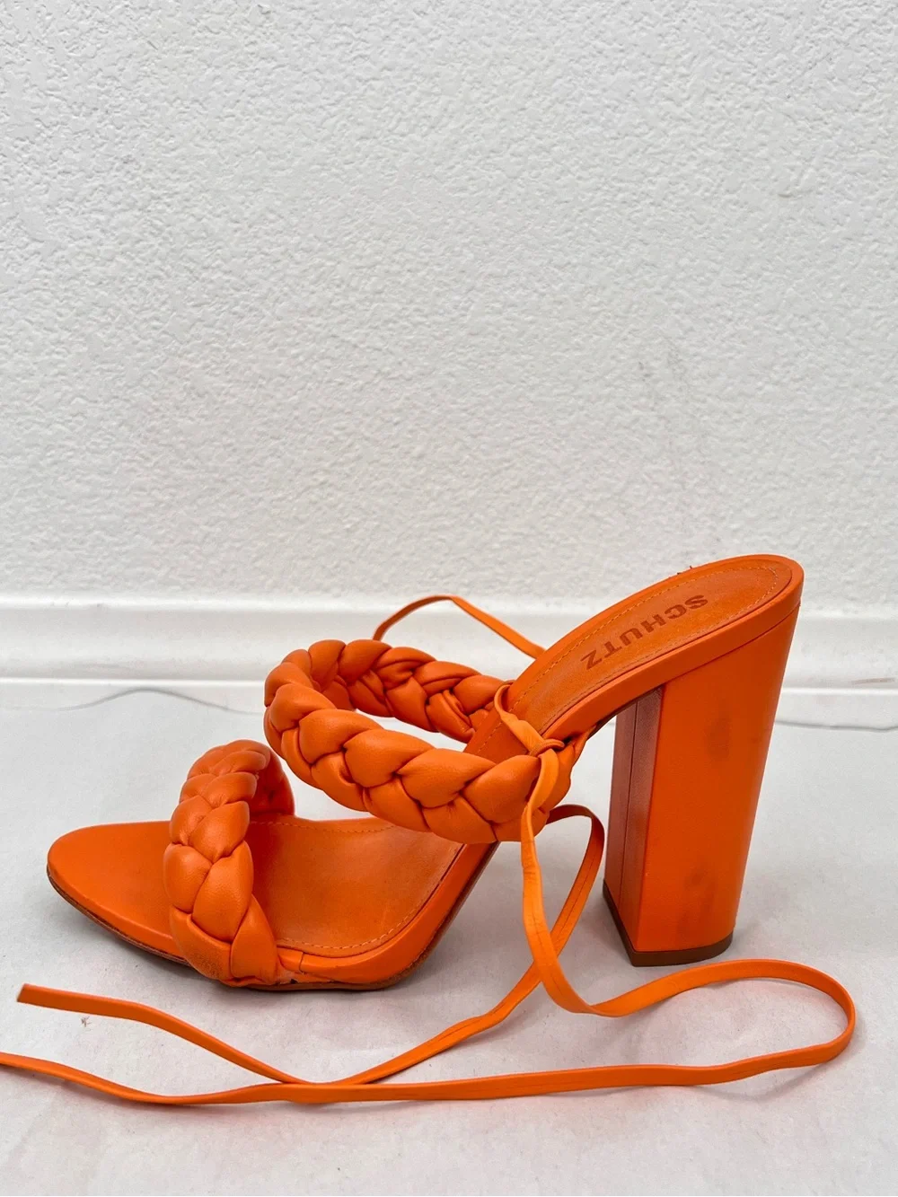 Schutz Zaria Orange High Block Heel Sandals Braided Ankle Straps Women's 9.5B